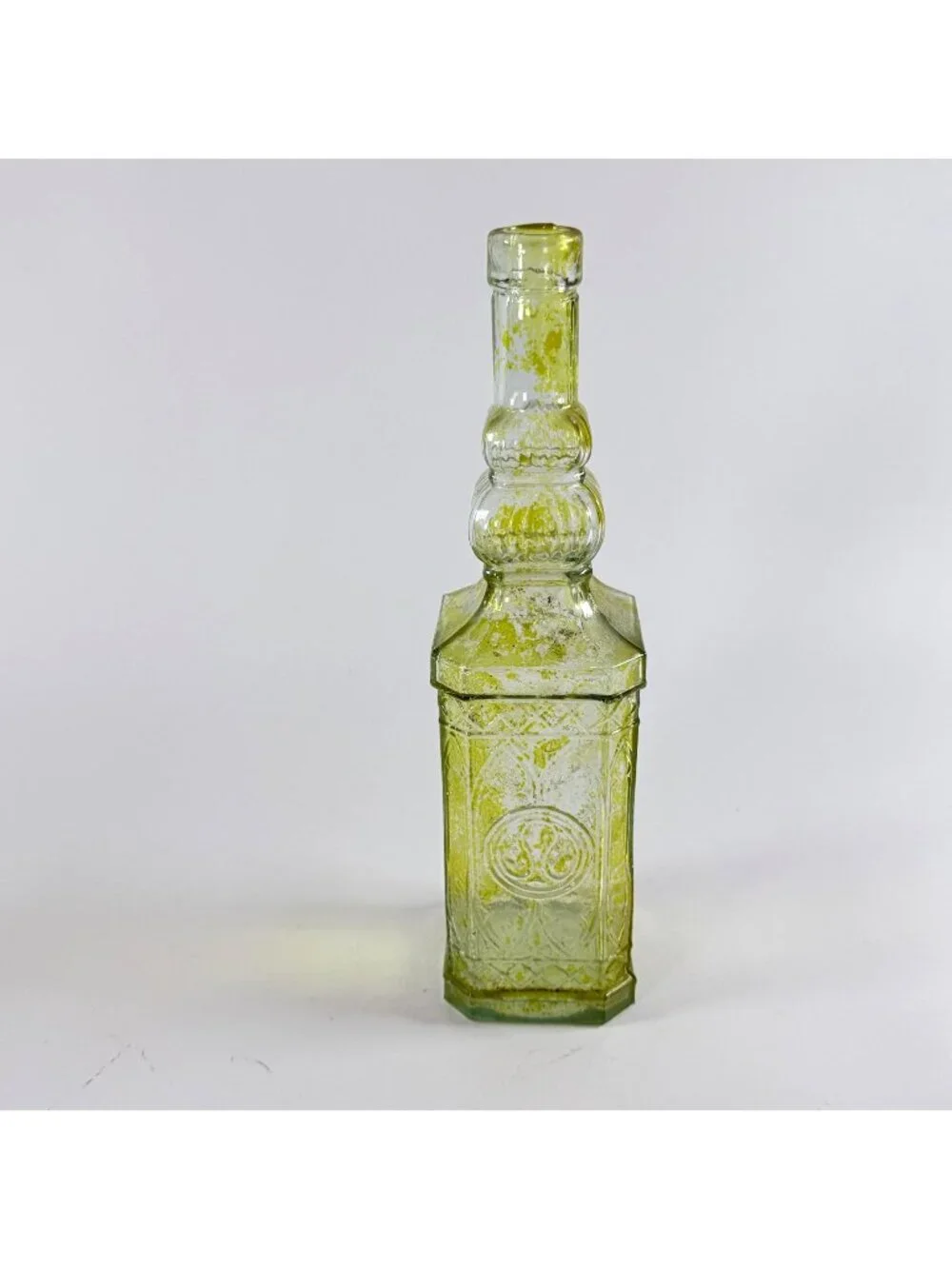 Vintage Yellow Embossed Glass Bottle 11.75